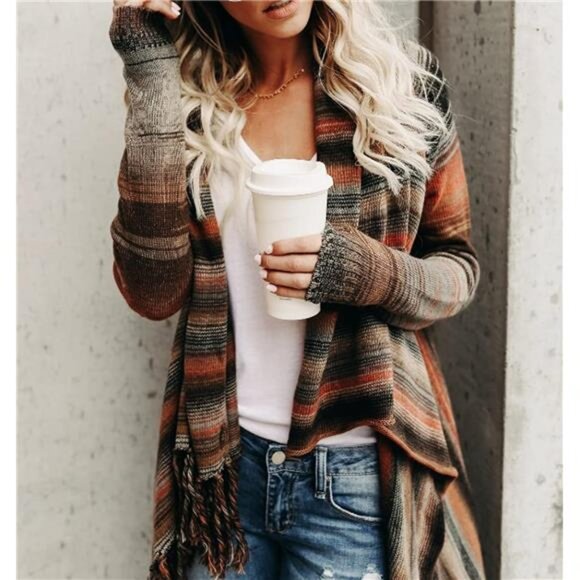 Women's Open Front Knited Tassels Slash Loose Cardigan Crew Neck Speckled Fringe - Picture 3 of 7